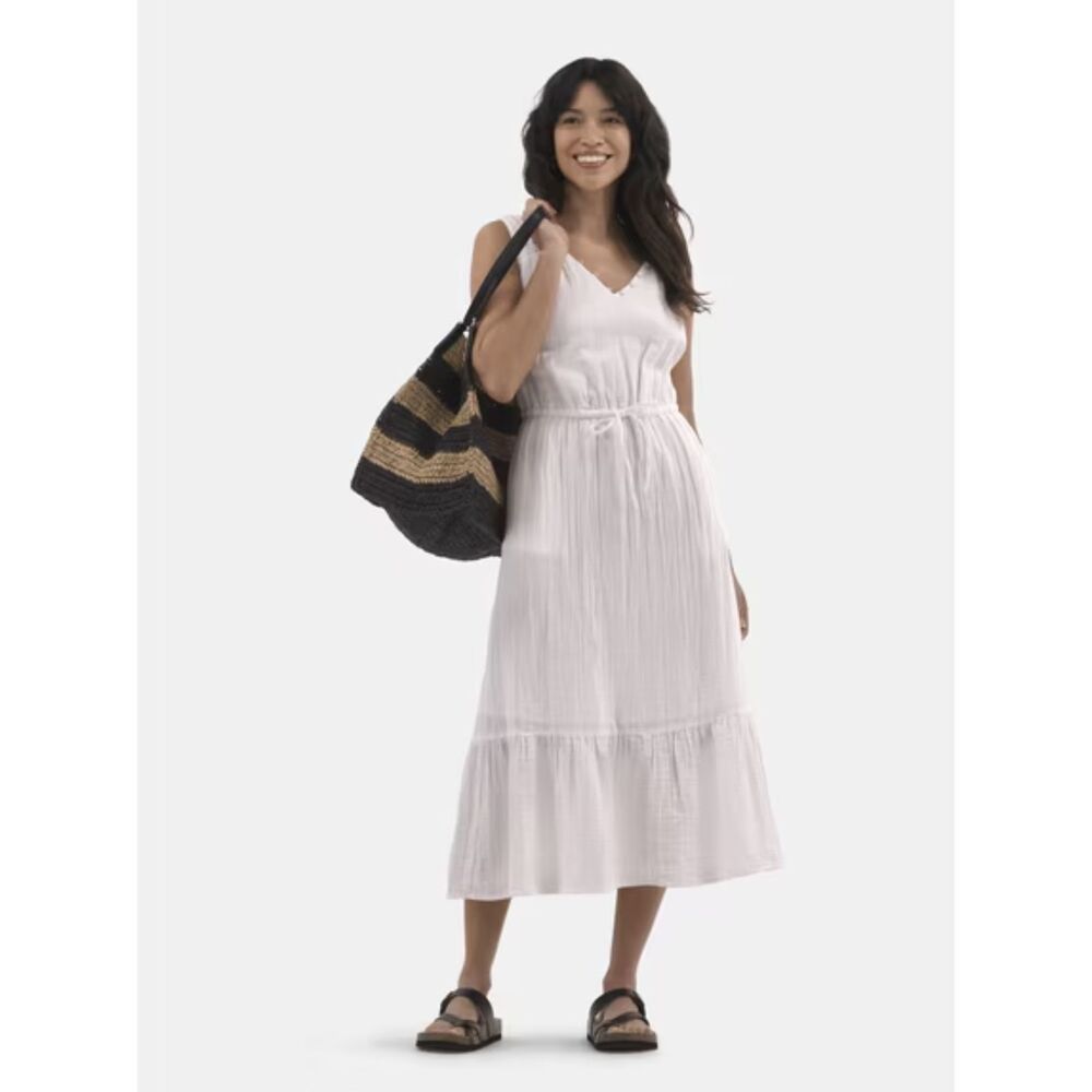 Time & Tru White Gauze Dress Women’s Sleeveless Tiered Ruffle Hem Midi Sundress